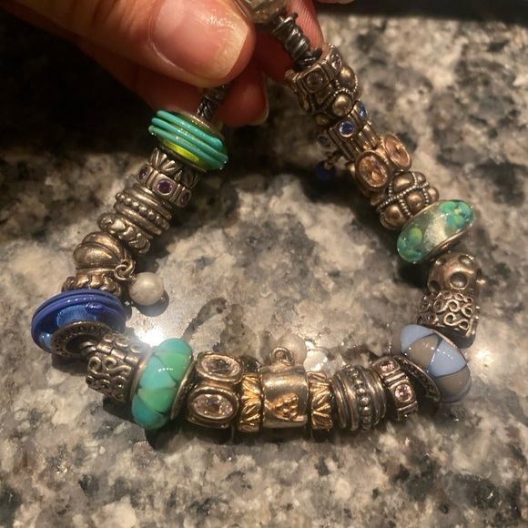 Pandora Moments Silver Bracelet with Blue green murano glass Charms - Picture 8 of 11